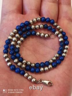 Antique solid silver and lapis lazuli bead necklace