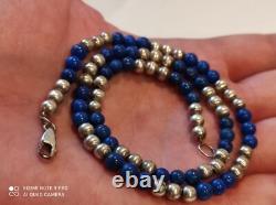 Antique solid silver and lapis lazuli bead necklace