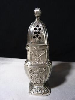Antique solid silver baluster sugar shaker on pedestal with cherub decoration