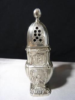 Antique solid silver baluster sugar shaker on pedestal with cherub decoration