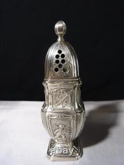 Antique solid silver baluster sugar shaker on pedestal with cherub decoration