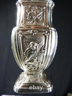 Antique solid silver baluster sugar shaker on pedestal with cherub decoration