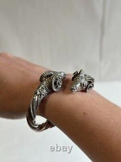Antique solid silver bangle bracelet with 925 hallmark, ram heads, weight 42.63