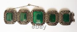 Antique solid silver bracelet with green stone, 94 g