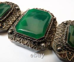 Antique solid silver bracelet with green stone, 94 g