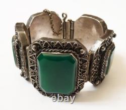 Antique solid silver bracelet with green stone, 94 g
