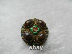 Antique solid silver cabochon enamel Chinese silver brooch