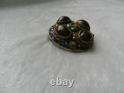 Antique solid silver cabochon enamel Chinese silver brooch