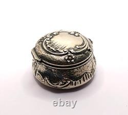 Antique solid silver floral-decorated pill box powder compact French silver compact