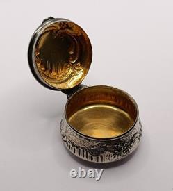 Antique solid silver floral-decorated pill box powder compact French silver compact