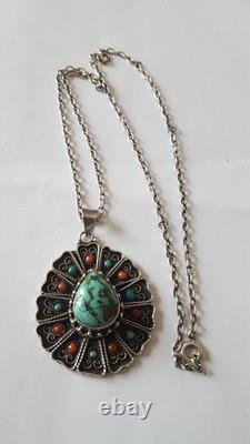 Antique solid silver necklace with natural stones