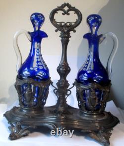 Antique solid silver oil vinegar servant with Minerva hallmark blue crystal