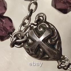 Antique solid silver rosary with faceted Amethyst beads, Art Nouveau 1900