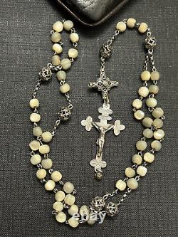 Antique solid silver rosary with mother-of-pearl beads