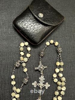 Antique solid silver rosary with mother-of-pearl beads