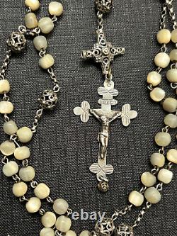 Antique solid silver rosary with mother-of-pearl beads