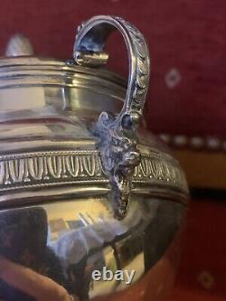 Antique solid silver sugar bowl with lions 19th century