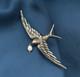 Antique Swallow Bird Brooch White Pearl French Work Silver 800