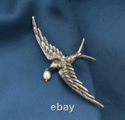 Antique swallow bird brooch white pearl French work silver 800