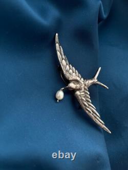 Antique swallow bird brooch white pearl French work silver 800