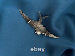 Antique swallow bird brooch white pearl French work silver 800