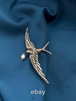 Antique swallow bird brooch white pearl French work silver 800