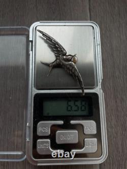 Antique swallow bird brooch white pearl French work silver 800