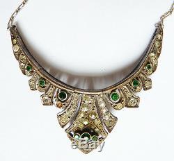 Art Deco Pendant Necklace Solid Silver + Rhinestone Necklace Antique Jewel