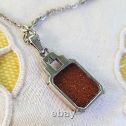 Art Deco silver necklace with marcasites and aventurine glass, new old stock