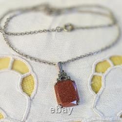 Art Deco silver necklace with marcasites and aventurine glass, new old stock