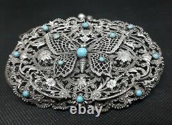 Aumoniere Old Silver Filigrané Massive Art Nouveau Turquoise Butterfly