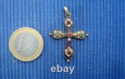 B35 Rare Small Ancient Cross Solid Silver Vermeil Bressan Enamels