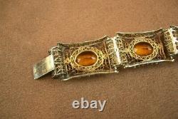 BEAUTIFUL ANCIENT SOLID SILVER AND VERMEIL FILIGREE BRACELET SET WITH YELLOW STONES