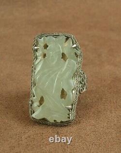 Beautiful Ancienne Bague In Massif Argent And Jade Sculpté Chine Debut XX