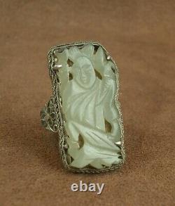 Beautiful Ancienne Bague In Massif Argent And Jade Sculpté Chine Debut XX