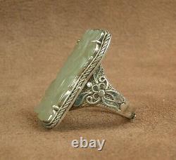 Beautiful Ancienne Bague In Massif Argent And Jade Sculpté Chine Debut XX