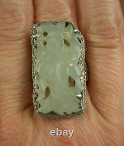 Beautiful Ancienne Bague In Massif Argent And Jade Sculpté Chine Debut XX