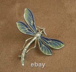 Beautiful Ancienne Broche Art Nouveau En Argent Et Email Plique A Journal Libellule