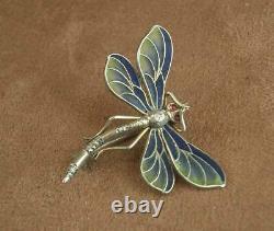 Beautiful Ancienne Broche Art Nouveau En Argent Et Email Plique A Journal Libellule