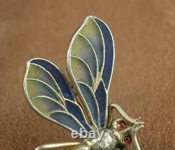 Beautiful Ancienne Broche Art Nouveau En Argent Et Email Plique A Journal Libellule