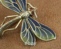 Beautiful Ancienne Broche Art Nouveau En Argent Et Email Plique A Journal Libellule