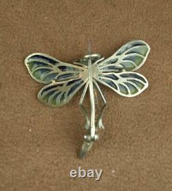 Beautiful Ancienne Broche Art Nouveau En Argent Et Email Plique A Journal Libellule