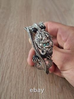 Beautiful Antique Chinese Dragon Bangle Bracelet, Late 19th Century, Solid Silver, Turquoise