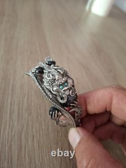 Beautiful Antique Chinese Dragon Bangle Bracelet, Late 19th Century, Solid Silver, Turquoise