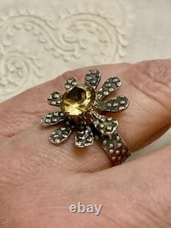 Beautiful Antique Citrine Flower Ring in Vermeil and Ornate Solid Silver