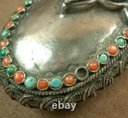 Beautiful Antique Snuff Bottle Box in Solid Silver, Turquoise and Coral