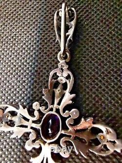 Beautiful Antique Solid Silver Mourning Cross Adorned with Amethysts.