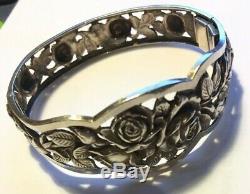 Beautiful Bangle Old Sterling Silver Roses 1900 Antique Victorian Silver Cuff