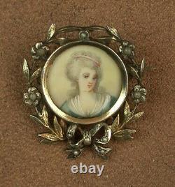 Beautiful Broche Ancienne In Argent Massif Peinture Miniature Portrait Women 19th