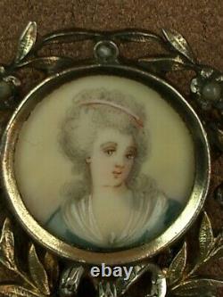 Beautiful Broche Ancienne In Argent Massif Peinture Miniature Portrait Women 19th